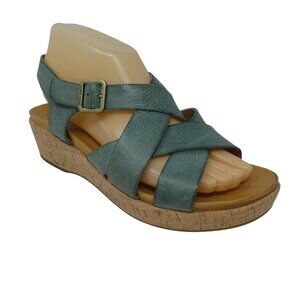Kork-Ease Caroleigh Green Leather Open Toe Wedge Heel Platform Sandals Womens 8